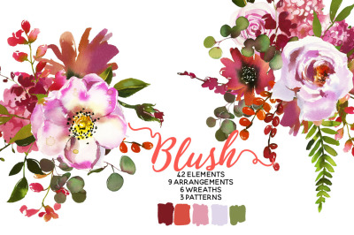 Blush Coral Pink Magenta Watercolor Flowers Clipart
