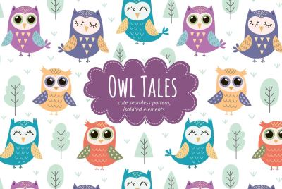 Owl Tales: seamless pattern &amp; elements