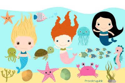 Cute mermaids clipart&2C; Under the sea clip art&2C; Kawaii sea animals underwater clip art