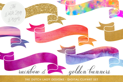 Banner Clipart In Rainbow, Gold &amp; Glitter