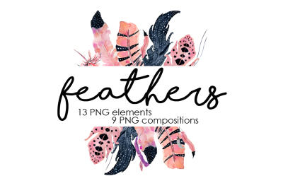 Boho Feathers. Watercolor Pink clipart