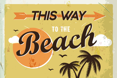 Grunge retro metal sign. This way to the beach. Vintage poster. Road signboard. Old fashioned design.