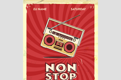 Retro party poster design. Music event at night club. Vintage invitation template. Grunge effects. Old cassette tape recorder.