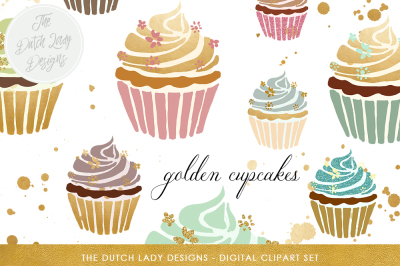Cupcake Clipart Set In Gold &amp; Pastel