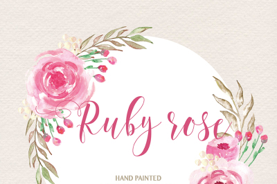 Watercolor Ruby rose clipart, watercolor flower, Pink Floral Clipart, Leaf clipart, Wedding Clip Art, wedding invitation