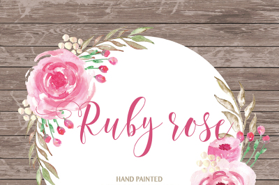Watercolor Ruby rose clipart, watercolor flower, Pink Floral Clipart, Leaf clipart, Wedding Clip Art, wedding invitation