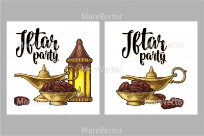 Sweet dates fruit in the metal bowl and lamp with burning candle. Iftar party lettering. Vector color vintage engraving 