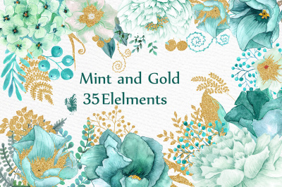 Gold Mint flowers clip art
