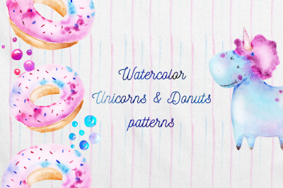 Watercolor Unicorns and Donuts patterns set