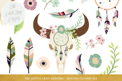 Bohemian Clipart Set With Skulls, Feathers &amp; Dreamcatchers