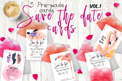 Save the date cards flamingo watercolors wedding invitation suite