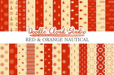 Red and Orange Nautical digital paper, Seal patterns Ocean Steering wheel Sea waves Anchor Gold backgrounds for Personal & Commercial Use