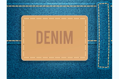 Leather label on blue denim fabric. Vector illustration template.