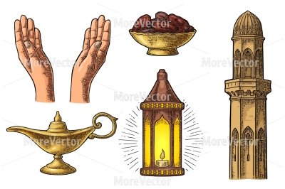 Two Praying Hands, minaret, arabic hanging lamp with chain, Aladdin magic lamp and dates fruit in the bowl.