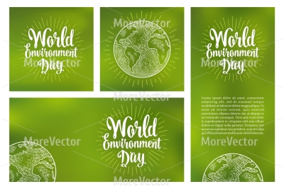 Set horizontal, vertical, square posters World environment day with lettering and earth. 