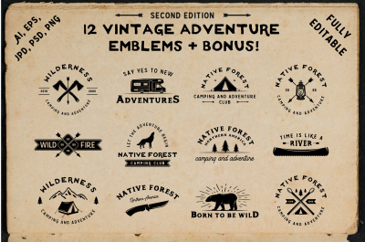 12 vintage adventure emblems