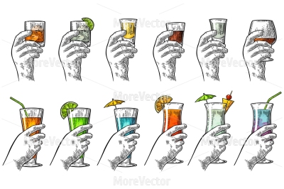 Female and male hand holding a glass with tequila, vodka, rum, cognac, whiskey, gin, cocktail
