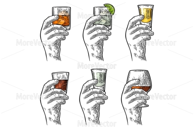 Male hand holding a glass with tequila, vodka, rum, cognac, whiskey, gin. Vintage color vector engraving illustration 