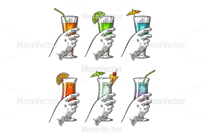 Female hand holding a glass of cocktail. Vintage vector color engraving i