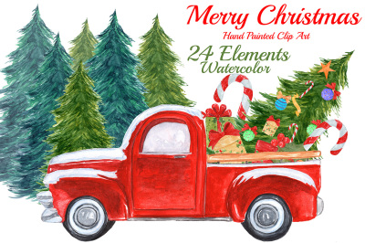 Watercolor Christmas truck clipart
