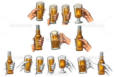 Man and woman hands holding and clinking with beer glass and open beer bottle. 