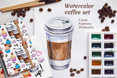Watercolor coffee set illustration