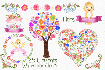 Watercolor kids floral clipart