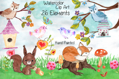 Watercolor forest animals clip art