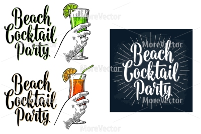 Beach Cocktail Party. Vintage vector engraving illustration with lettering.