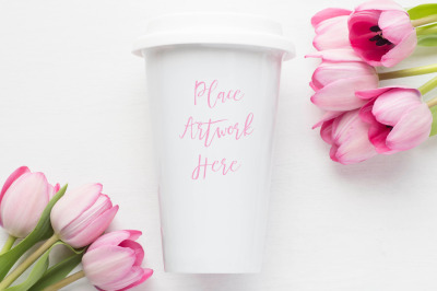 Pink Tulips Ceramic Travel Mug Mockup