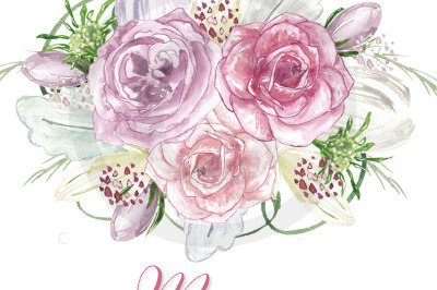 Watercolor Rose Mauve clipart, Spring flower clipart, Pink Floral Clipart, Leaf clipart, Wedding Clip Art, wedding invitation