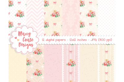 Pink &amp; Yellow Roses digital paper, printable paper, 12 backgrounds