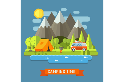 Camping Travel Landscape in Flat Style