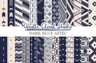 Dark Navy Blue Gray Cream Aztec digital paper, Tribal patterns native triangles geometric ethnic arrows background Personal & Commercial Use
