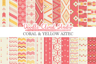 Coral and Yellow Aztec digital paper Pink Tribal patterns native triangles geometric ethnic arrows background for Personal & Commercial Use