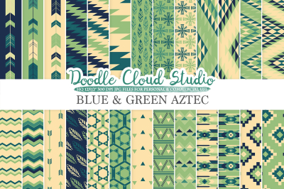 Blue and Green Aztec digital paper ,Tribal patterns native triangles geometric ethnic arrows Cream backgrounds for Personal & Commercial Use
