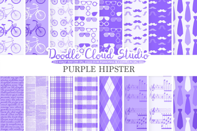 Purple Hipster digital paper, Vintage Father's day tie mustaches bike music glasses plaid pattern Instant Download Personal & Commercial Use