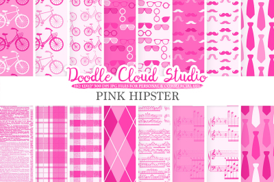 Hot Pink Hipster digital paper, Vintage Father's day tie mustaches bikes music glasses plaid pattern, Instant Download Personal & Commercial Use