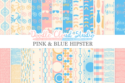 Pink and Blue Hipster digital paper Vintage Father's day tie mustaches bikes music glasses plaid Azure patterns Personal & Commercial Use