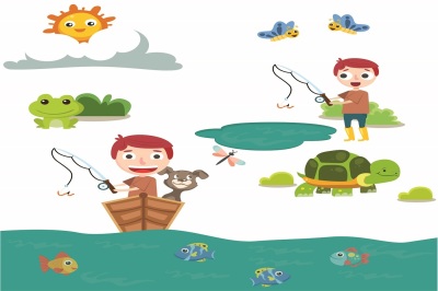 Boy Spring Fishing illustration Vector Pack