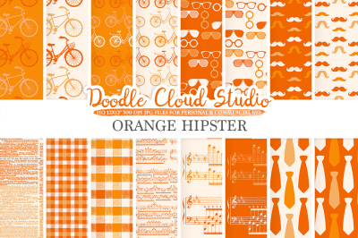 Orange Hipster digital paper Vintage Father's day tie mustaches bikes music glasses plaid pattern Instant Download Personal & Commercial Use