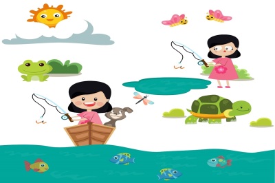 Girl Spring Fishing illustration Vector Pack