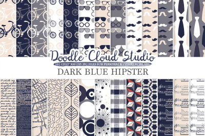 Navy Blue Cream Gray Hipster digital paper, Vintage Father's day tie mustaches bikes music glasses plaid patterns, Personal & Commercial Use