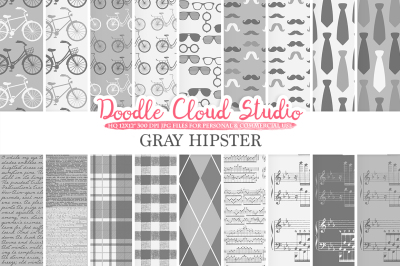 Grey Hipster digital paper, Vintage Father's day tie mustaches bikes music glasses plaid pattern Instant Download Personal & Commercial Use