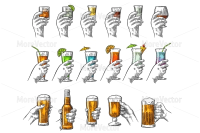 Female and male hand holding a glass and bottle with tequila, vodka, rum, cognac, beer, whiskey, gin, cocktail.