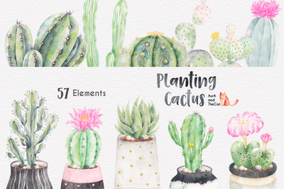 Planting Cactus Watercolor Clipart