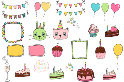 Cute birthday clipart set, Birthday party clip art, bunting, balloon, cake, cupcake, cat, bunny