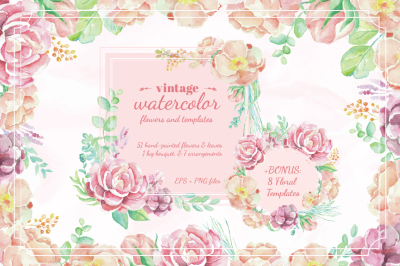Vintage Watercolor Flowers And Templates