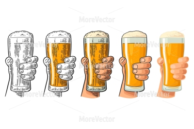 Man hand holding and clinking beer glass with foam. Drawing in different graphic styles.