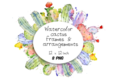Watercolor cactus tropical frames, borders, headers and arrangements